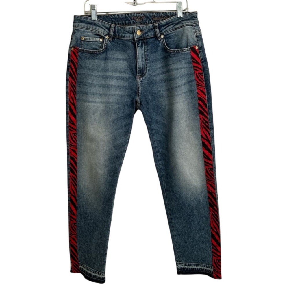 Escada Sport Sexy Boyfriend Jeans Red Tiger Stripe Side‎ Tape Sz 40 J712